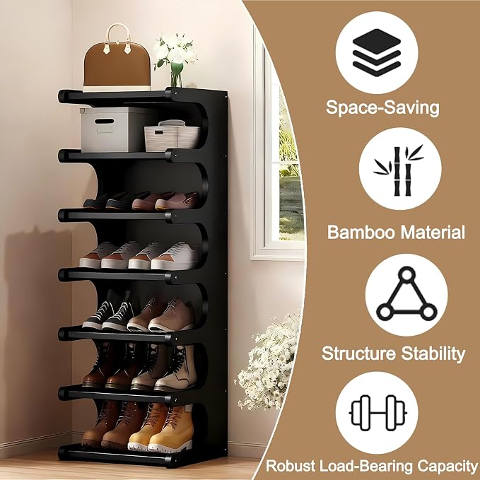 7-Tier Bamboo Shoe Rack, Vertical Narrow Shoe Rack for Small Space, Free Standing Shoe Rack for Entryway, Vertical Shoe Organizer Tower for Narrow Closet, Hallway