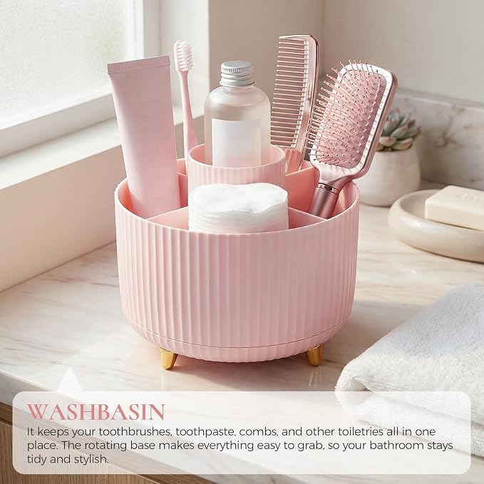 KONVINIT Pencil Pen Holder for Desk, 5 Slots 360 - Degree Rotating Desktop Organizer, Cute Desk Organizers and Accessories for School, Home, Office and Art Supply, Pink