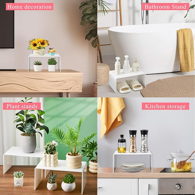 RattanView 2 Pcs 12 Inch Large Acrylic Risers Display Stands 5 mm Thick Acrylic Shelf Riser Showcase for Collectibles Jewelry Cupcakes Food Figures Perfume Cabinet (White)