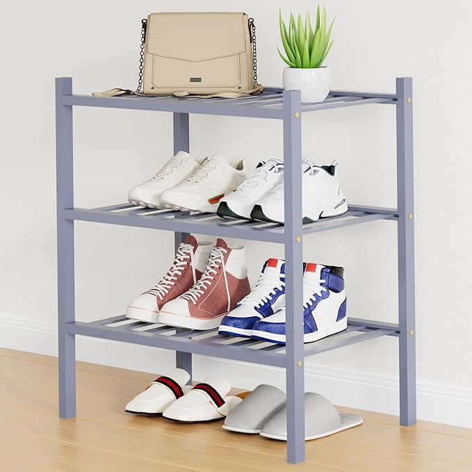 Smiry Small Bamboo Shoe Rack, 3 Tier Free Standing Wooden Shoe Organizer, Stackable Wood Shoe Storage Shelf for Closet, Entryway, 12 Vertical Slats, 2+1 Stack Standard Legs, 17.3"x11"x19.5", Grey