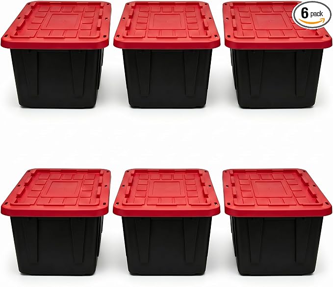 CLMSTE6 Pack Large Storage Bins with Snap Lids, 27 Gallon Black and Red Totes for Garage & Basement, Stackable Heavy Duty Plastic Containers for Home Organization