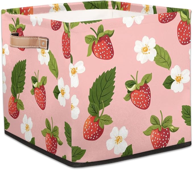 TropicalLife Floral Strawberry Storage Cube, 13 Inch Fabric Cube Storage Organizer Bin for Shelves Clothes, Decorative Foldable Storage Boxes