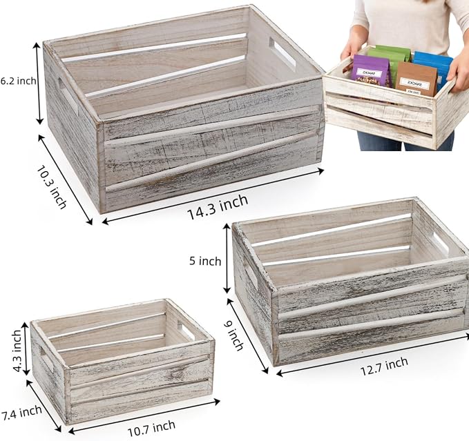 AVLA 3 Pack Wooden Storage Crates, Rustic Nesting Container Bin with Handles, Decorative Farmhouse Wood Basket, Vintage Wood Box Display Risers for Home, Kitchen Pantry Cabinet, Shelf, Counter