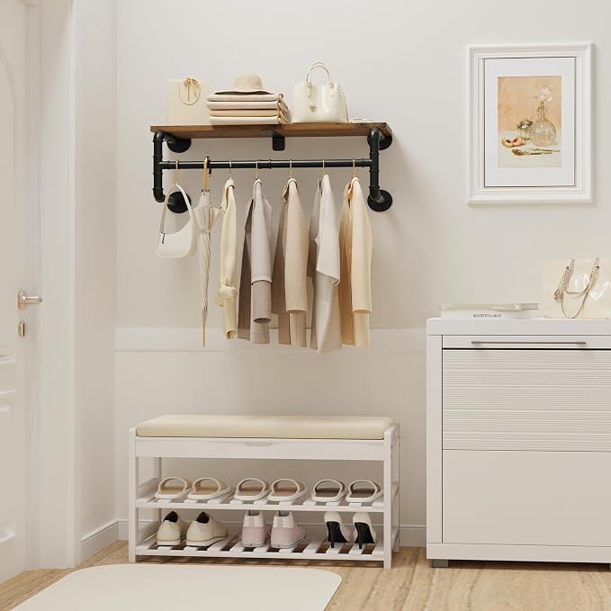 Yawinhe Industrial Pipe Clothes Rack with Top Shelf, Wall Mounted Garment Rack, Space Saving Hanger with 4 Bases, for Shops, Homes (28x10.23x10.23in) | Wall Mounted Clothes Rail;Wardrobe Hanging Rail Bar Rack for Laundry and Closet;Heavy Duty Retro Wal...