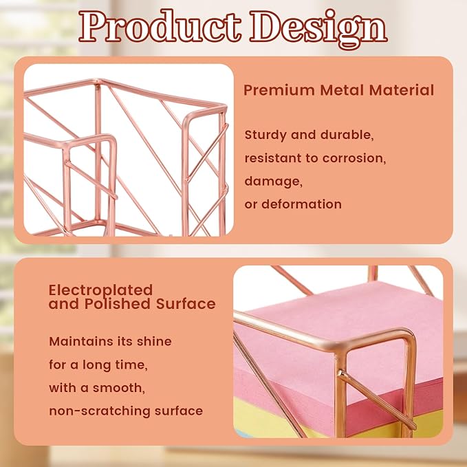 Sticky Note Holder 3.8x3.8 Inches, Rose Gold Desk Accessories | Functional Stylish Metal Notepads Memo Sticky Note Dispenser, Mesh Cube Rose Gold Desk Organizer for Home School Office