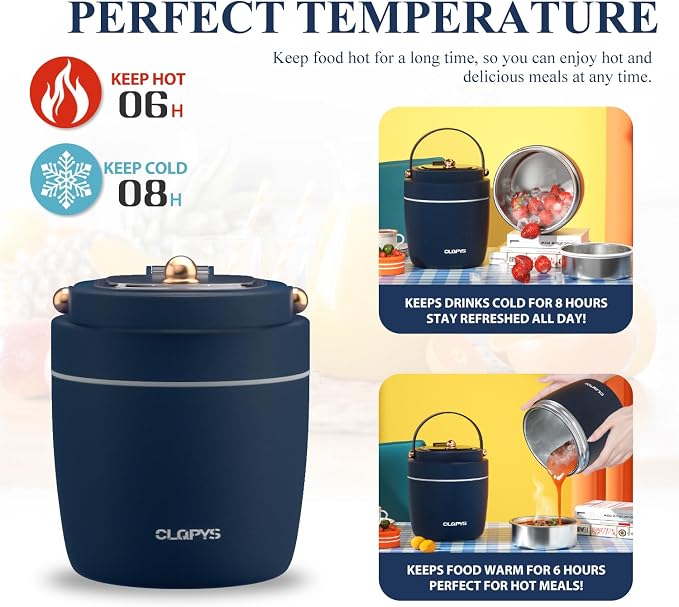 40oz Stainless Steel Vacuum Insulated Food Jar for Adults Wide Mouth Lunch Container with Spoon Fork and Carrying Bag Leak-Proof Soup Thermo Bento Box for Hot Food and Cold Food | Office, Travel Blue