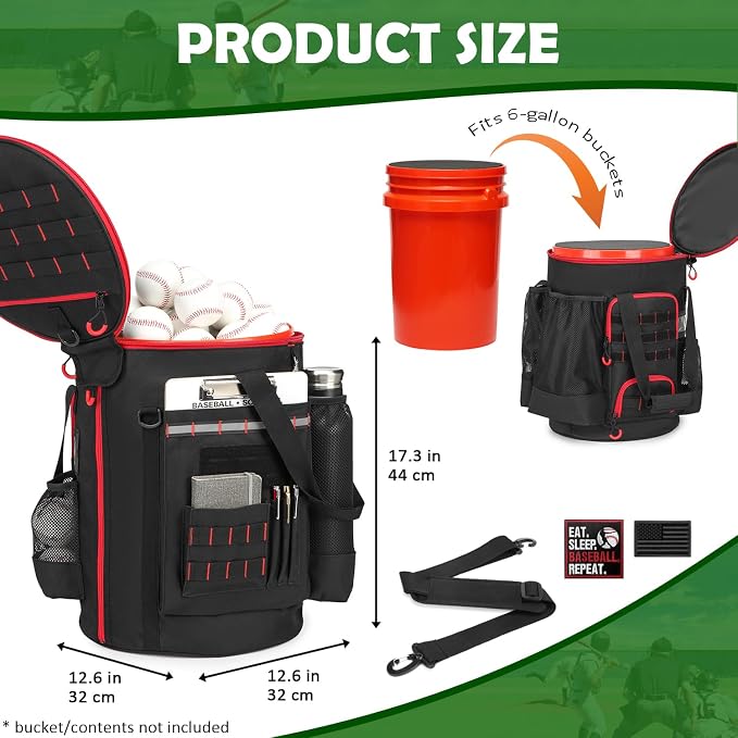 Baseball Bucket Bag, Softball Coaches Bags Fit 6 Gallon Buket | Baseball Coaching Accessories Organizer with Anti-Slip Bottom & Multiple Pockets for Bat, Gloves, Scoreboards