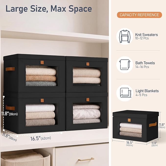 DIMJ Storage Bins with Lids - 6 Pack Front Opening Stackable Fabric Storage Boxes with Clear Window & Handles, Collapsible Closet Organizers for Clothes, Sweaters, Shelf Storage, Bedroom, Black