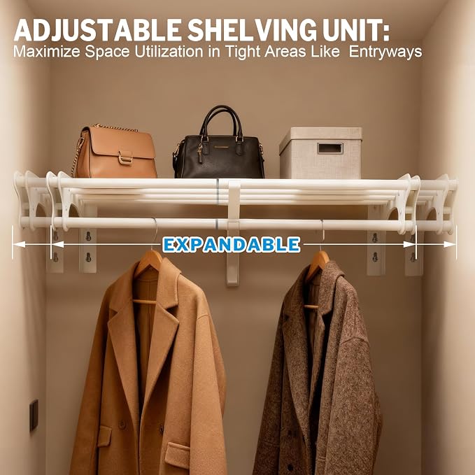 Steel Closet Shelf with Hanging Rod, 40-73'' Expandable Closet Shelves | Back Wall & Side Wall Mounted, Heavy Duty Storage Rack Holds 220 lbs, Adjustable DIY Closet Rod with Shelf Divider Separator