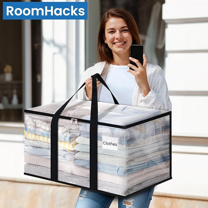 RoomHacks Clear Moving Bags Heavy Duty Extra Large, Moving Supplies with Reinforced Handle and Double Zipper, Storage Bags for Moving Essential, Packing tote Alternative to Moving Box(10 Packs, Clear)