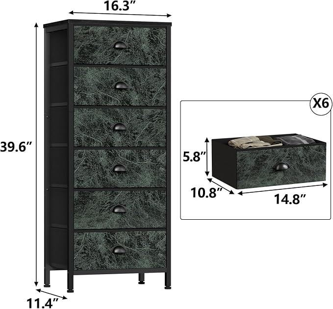 Furnulem Dresser for Bedroom, 6 Drawer Tall Storage Tower Unit and Chest | Vintage Green Fabric Drawer Organizer in Dorm, Vertical Tall Nightstand Furniture in Living Room,Closet, Metal Frame,Wood Top