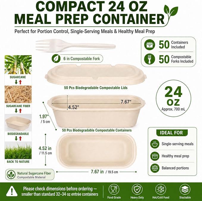 24oz Disposable Meal Prep Food Containers with Lids, 50 Pack Sugarcane Fiber Pulp Take-Out Boxes, Compostable Biodegradable Lunch Containers, Microwave & Freezer Safe, Includes Forks