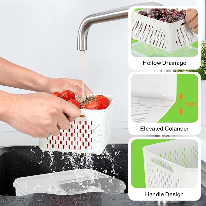 4Pack Fruit Storage Container for Fridge with Colander and Vent - Purple | 8 Pieces BPA Free Kitchen Refrigerator Organizers Plastic Fruit Containers for Fridge for Fruit Berry Salad Lettuce