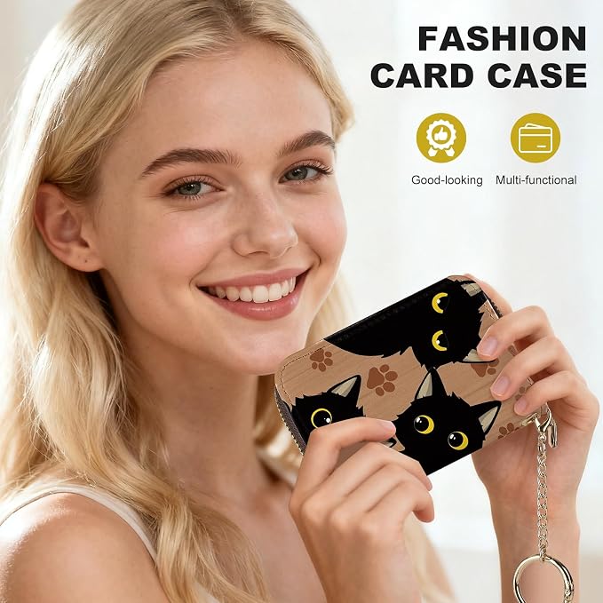 Credit Card Holder for Women,Small Rfid Wallet with Keychain Zipper,Cute PU Leather Card Case Wallet，Accordion Credit Card Wallets Gift,Three Black Cats