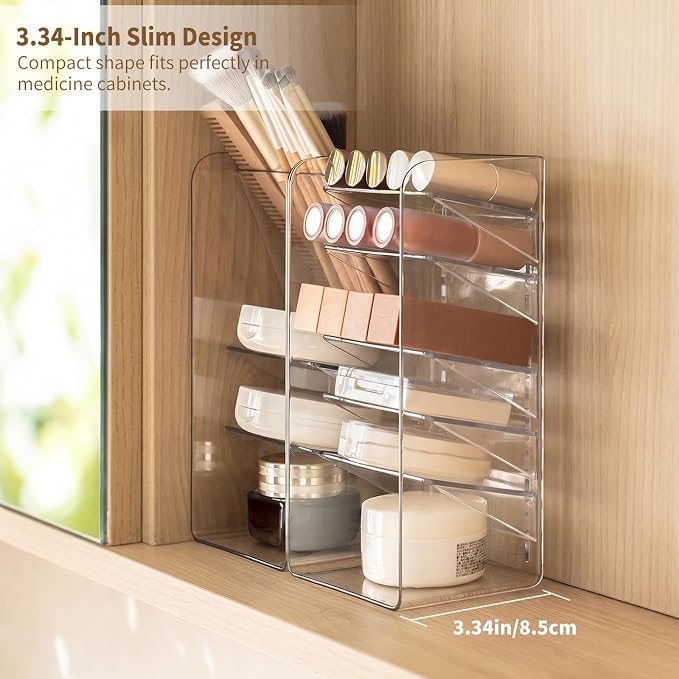 PAVSTINE 2-Pack Medicine Cabinet Organizer with Adjustable Dividers, Clear Vertical Layered Backward Slanting Shelves, Space-Saving, for Makeup Brush/Lip Gloss/Mascara Storage