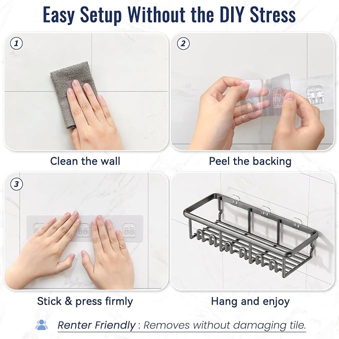 8 Pack Adhesive Rustproof Shower Caddy with Soap Dishes, Toothbrush Holder & Hooks, Large Capacity No-Drilling Shower Shelves Rack for Bathroom Organizers and Storage Accessories, Dark Gray