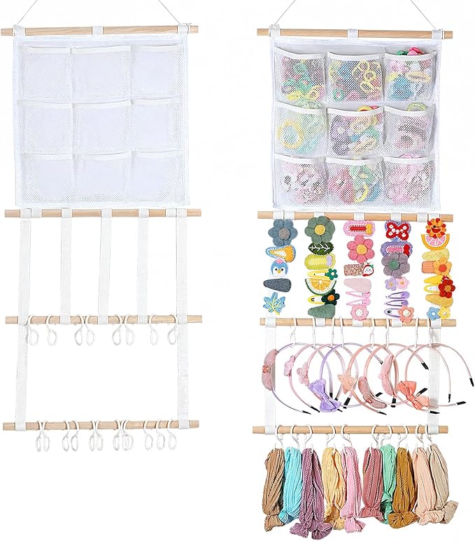Headband Holder Hair Bows Organizer for Girls, Large Capacity Bow Holder, Pre-Assembled Hair Accessories Wall Hanging Organizer for Toddler Baby Girl Nursery Room Décor
