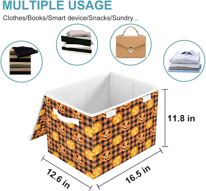 CaTaKu Large Fabric Storage Bins With Lids, Halloween Pumpkin Plaid Storage Boxes With Handles for Organizing Clothes, Collapsible Storage Cube Bins Baskets for Shelves