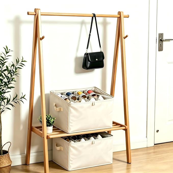 Shoe Organizer for Closet, 2 Pack Shoe Organizer with Clear Cover, Closet Shoe Storage Containers w/Adjustable Dividers, Foldable Storage Bins for Shoes, Fits 16-32 Pairs, Beige