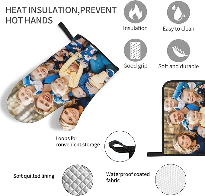 Custom Oven Mitts and Pot Holders Personalized with Your Face, Baking Gifts for Women for Kitchen Cooking, BBQ, Grillin-Style3, 1 Oven Mitts+ 1 Pot Holders