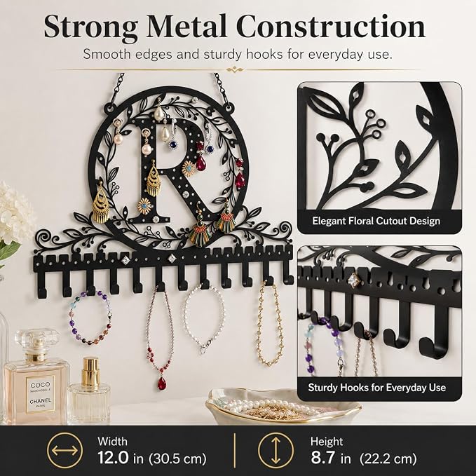 Personalized Wall Mounted Metal Initial Letter R Earring Holder Jewelry Organizer for Earrings and Necklaces Space Saving Wall Display with Hooks Jewelry Storage Bedroom Vanity Gift for Women
