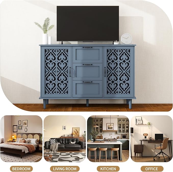 vistavie Sideboard Buffet Cabinet with Storage - American Furniture Cabinet, Accent Storage Console Table with Carved Pattern, Farmhouse Wood Credenza for Study Room, Entryway, Dining Room, Kitchen