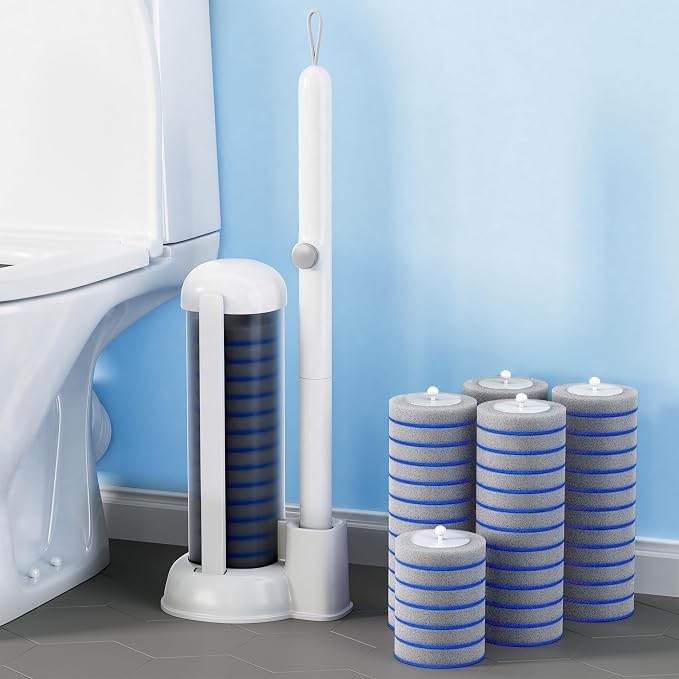 Spreezy Disposable Toilet Brush and Holder Set, Touch Free Wand, 54 Refills | Soft Spong Heads, Hands-free Eject Design, Hygienic Disposable Cleaning System, Bathroom Dorm RV Use, Floor Standing Caddy