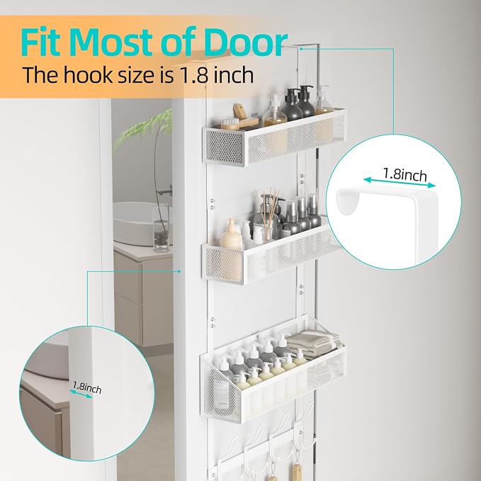 Over Door Hook Organizer 12 Hook Over The Door Organizer with 3 Mesh Baskets - Back of Door Storage Towel Rack Space Saving Storage Organizer for Bedroom, Bathroom, Kitchen, Pantry, White