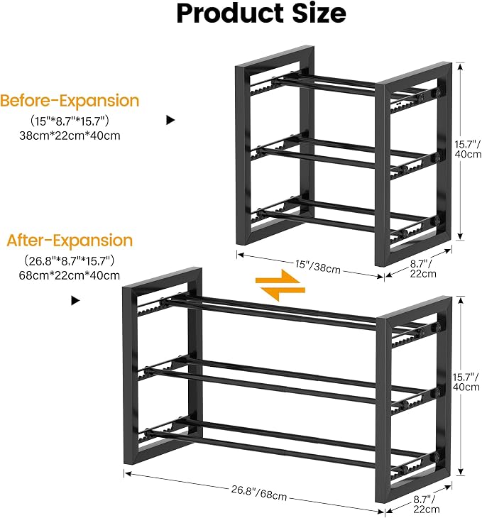 Homeiju Expandable Shoe Rack, 3 Tier Metal Shoe Shelf, Adjustable Shoe Stand for Sneakers, Boots, Heels, Heavy-Duty Steel Standing Shoe Organizer for Entryway, Closet, Bedroom, Black