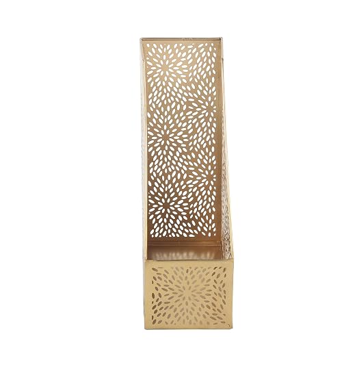 CosmoLiving by Cosmopolitan Metal Single Slot Magazine Holder with Laser Carved Floral Design, 5" x 10" x 12", Gold | Decorative Floral Magazine Rack Single Slot With Laser Carved Design File Holder