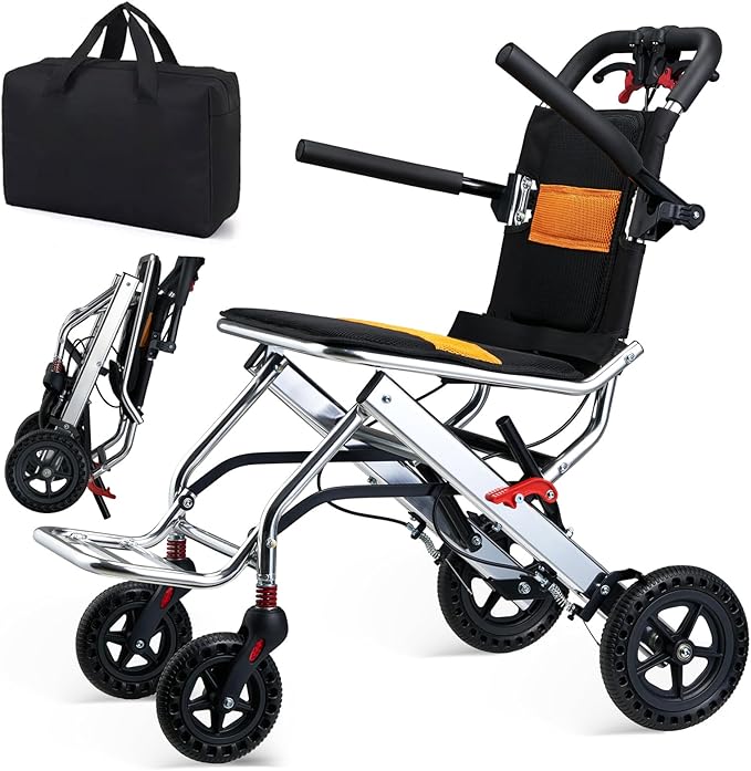Ultra-Lightweight 19lbs Foldable Transport Wheelchair for Seniors - Portable Aluminum Travel Wheelchair with Carrying Bag, Supports 220lbs Capacity