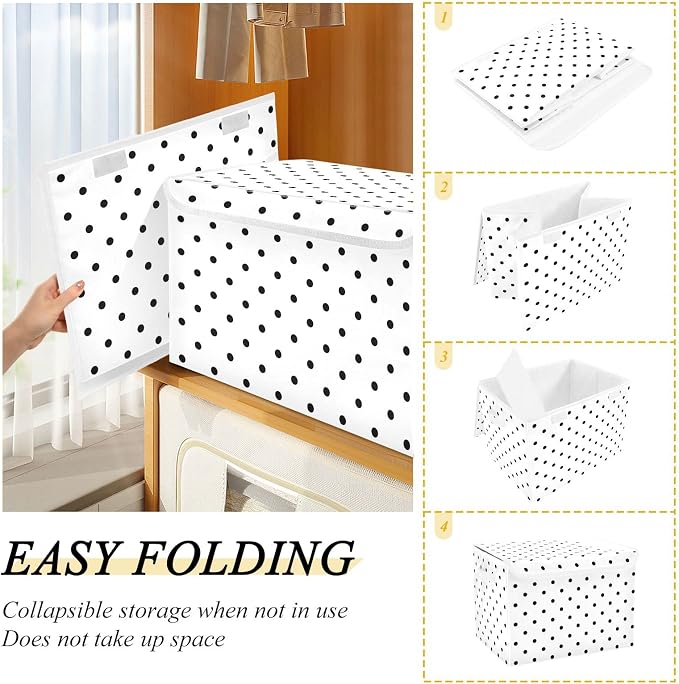 CaTaKu Large Fabric Storage Bins With Lids, White Polka Dot Storage Boxes With Handles for Organizing Clothes, Collapsible Storage Cube Bins Baskets for Shelves