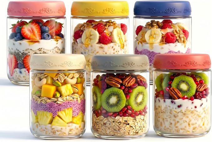 6-pack 16 oz Overnight Oats Containers with Lids | Mason Jars with Airtight Lids, Wide mouth Mason Salad jars, Yogurt Parfaits, Smoothies, Salads (16oz - 6pcs)