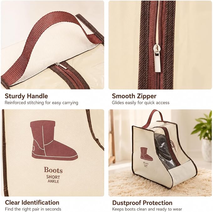 Boot Storage Bag Organizer,Dustproof Boot Bags for Cowboy Boots,Portable Travel Shoe Protector Bags,Tall Boot Covers Storage Organizer for Packing (2 Pcs Beige Widened Short)