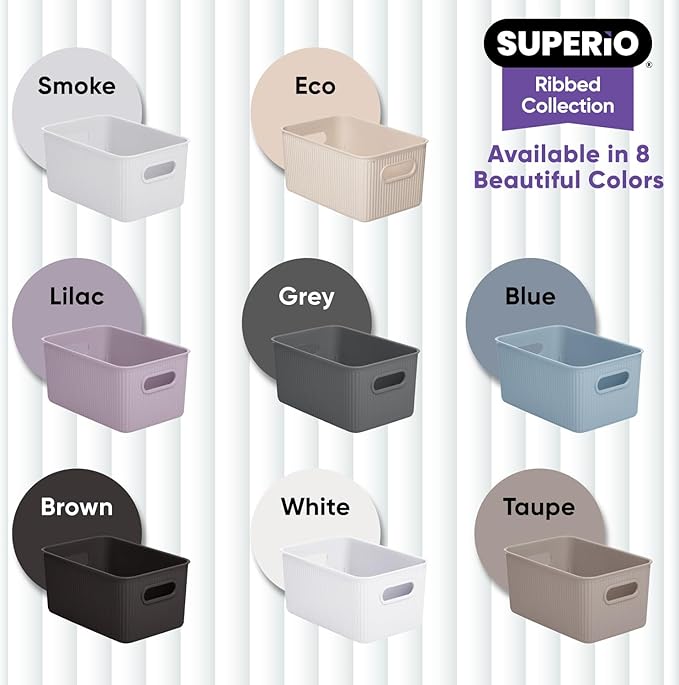 Superio Ribbed Collection - Decorative Plastic Basket Open Home Storage Bins Organizer, Medium White (1 Pack) Container Boxes for Organizing Closet Storage Bins for Shelves Drawer Shelf 5 Liter