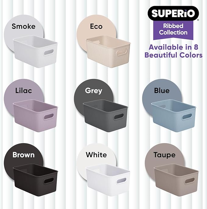 Superio Ribbed Collection - Decorative Plastic Basket Open Home Storage Bins Organizer, Medium Brown (2 Pack) Container Boxes for Organizing Closet Storage Bins for Shelves Drawer Shelf 5 Liter