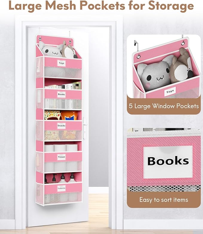 Optish Over The Door Organizer Hanging, 2 Pack 5 Shelf Behind The Doors Storage, Pantry Door Organizer, Closet Organizers for Bedroom and Nursery (Pink)