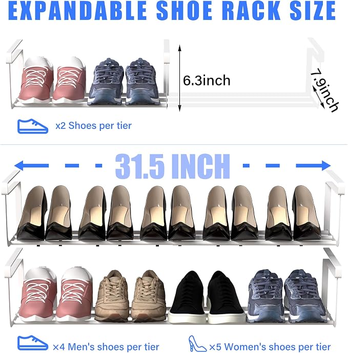 CroBlissful 3 Pcs Expandable Shoe Rack Organizer for Closet 16.5-31.5 Inch Adjustable Retractable Hanging Cabinet Shoe Shelf Dorm Room Storage for Space Saving (White)