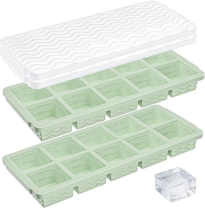 Aopigavi 2-Pack Ice Cube Trays, 10 Cubes 2 Tbsp. Silicone Freezer Molds with Lids, Reusable Ice Trays for Freezer, Kitchen, RV, Cocktail, Whiskey, Coffee, Soup & Food, BPA Free, Dishwasher Safety