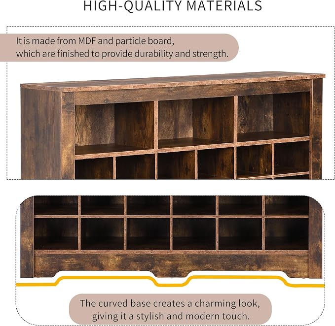 Flieks 24-Cube Organizer Shoe Storage Cabinet, Stylish Design Shoe Cabinet with Multiple Storage Capacity, Free Standing Cabinet with Curved Base for Entryway, Living Room, Hallway, Rustic Brown