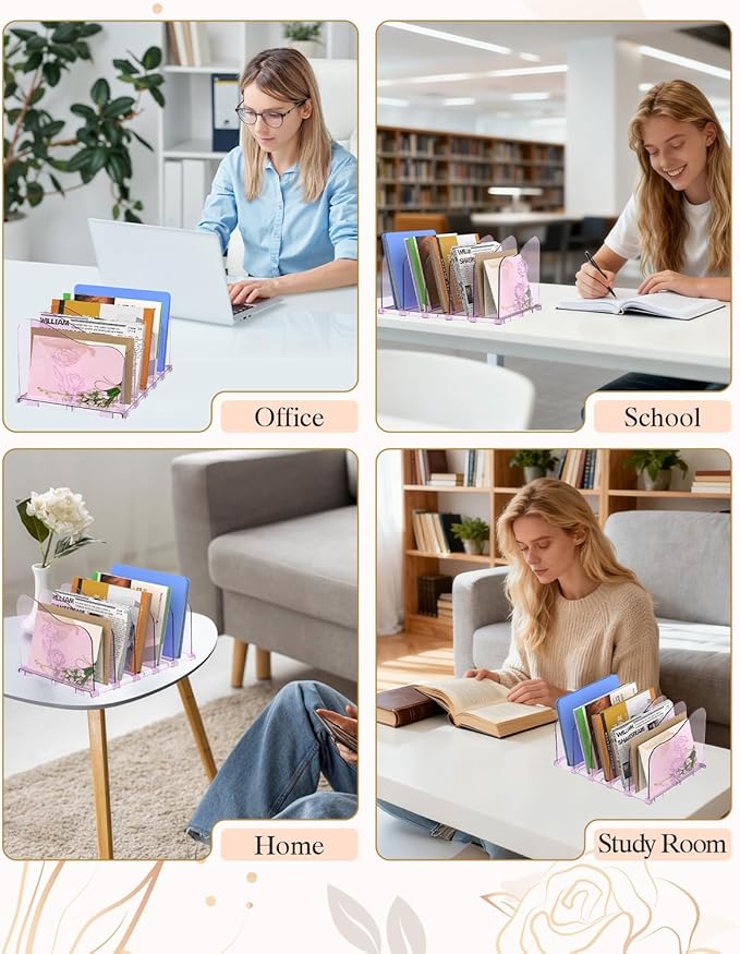 Adjustable Rose File Organizer for Desk, Vertical File Folder Holders for Magazines, Upright Desktop Binder Organizer, Clear Paper Bookshelf Divider File Sorter for School Office Supplies