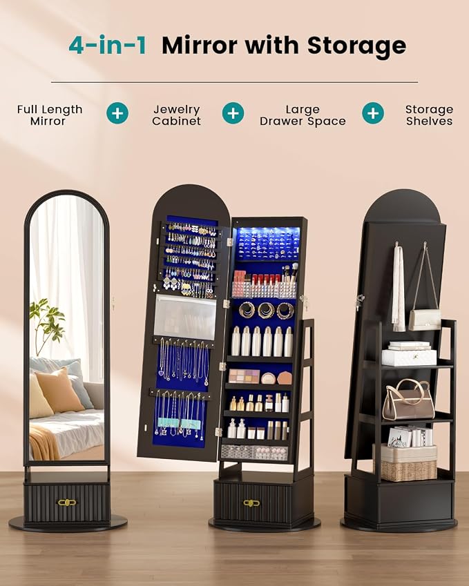 Vlsrka Arched LED Mirror Jewelry Cabinet with Full Length Mirror, Black | Lockable Jewelry Armoire Cabinet, 360° Swivel Jewelry Organizer with Drawer Storage, Foldable Makeup Shelf, 2 Rear Hooks