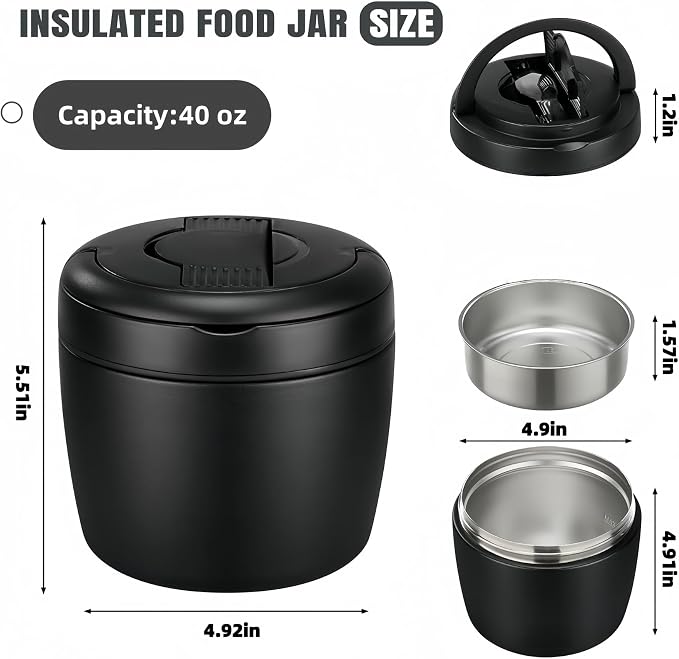 40oz Insulated Lunch Container with Thermal Bag & Folding Spoon – Stainless Steel Leak Proof Food Jar, Large Capacity Bento Box for Hot Food, Thermos for Adults Office Work