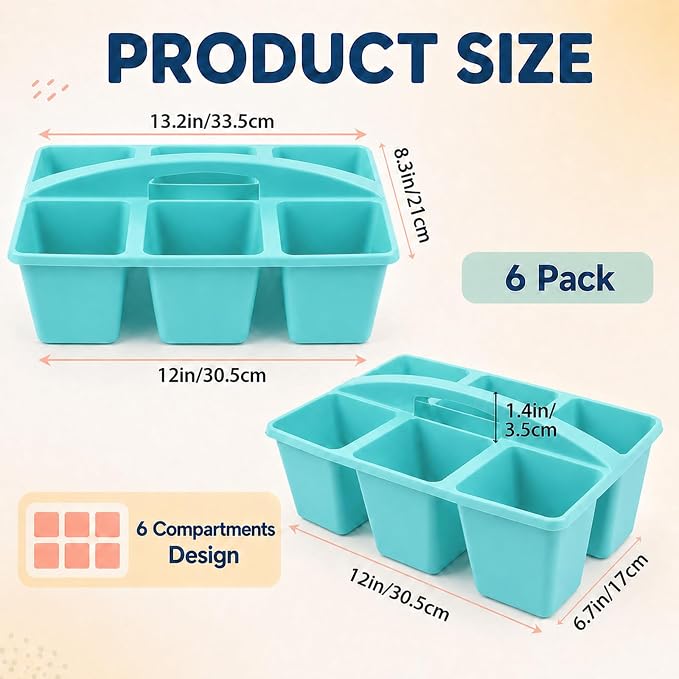 gisgfim 6 Pack Plastic Classroom Caddy with 6-Compartments Plastic Storage Caddies with Handle 6 Compartments Table Caddy Organizer Versatile Table Caddies for Classroom Office Storage, Lake Blue