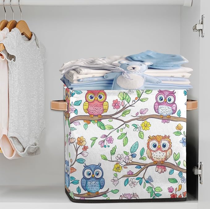 TropicalLife Floral Owl Storage Cube, 13 Inch Fabric Cube Storage Organizer Bin for Shelves Clothes, Decorative Foldable Storage Boxes