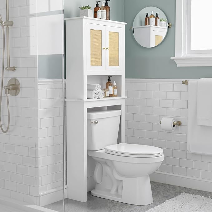 Over Toilet Storage Cabinet with Barn Door & Adjustable Shelves | 24 Inch Wide Bathroom Organizer, Space-Saving, Sturdy Wood, Anti-Tipping, Easy Assembly, for Restroom, Laundry, Small Spaces