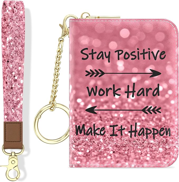 Aiawoxc Credit Card Holder, Small RFID Wallet Slim Leather Card Organizer Case with Zipper and Wristlet Strap, Work Hard