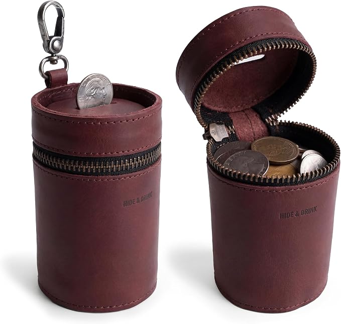 Hide & Drink, Money Box, Piggy Bank Bucket, Zippered Pouch, Cash Organizer, Coin Case, Full Grain Leather, Handmade (Sangria)
