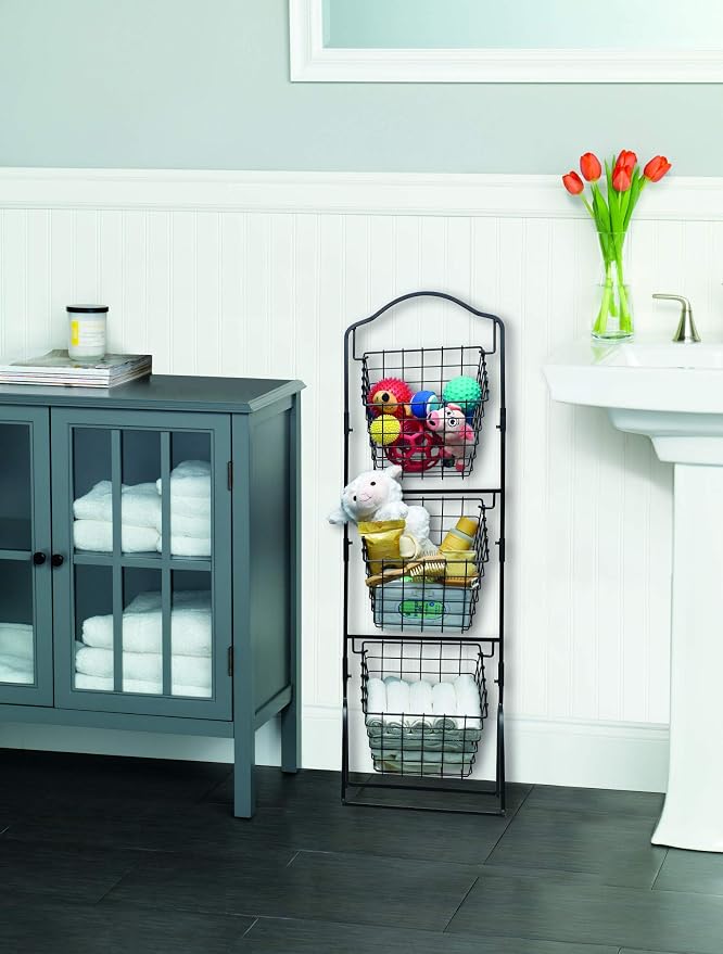 Gourmet Basics by Mikasa 3-Tier Wire Market Basket, Antique Black Metal Kitchen Counter Organizer for Fruit, Vegetables and Pantry Storage, Farmhouse Decor