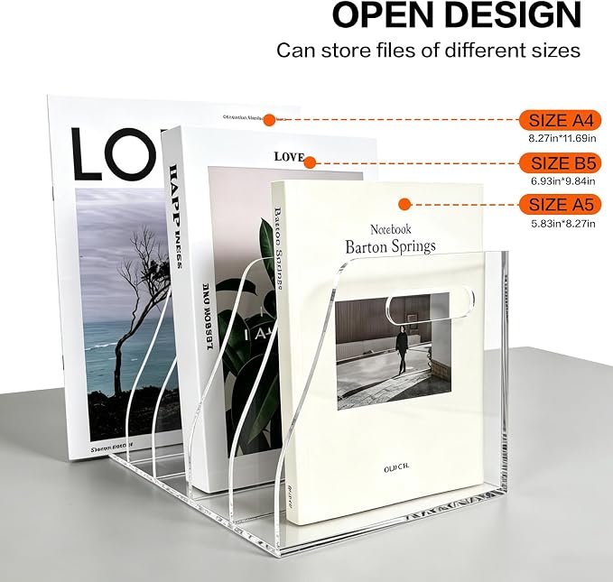 Acrylic Magazine File Holder with Carrying Handle, 5 Vertical Compartments Desk File Organizer, Clear File Sorter for Office, Magazines, Books, B5 Size